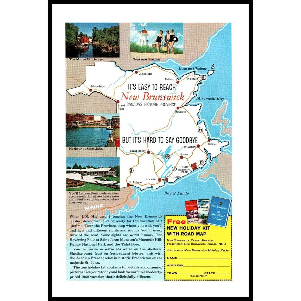 1962 New Brunswick Canada Easy To Reach Vintage Print Ad Map Maritimes Wall Art